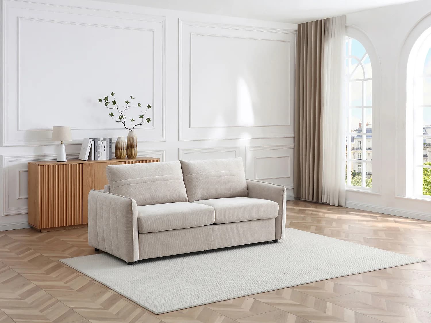 Canapé 3 places convertible express en tissu texturé beige - Couchage 140 cm MALOGU