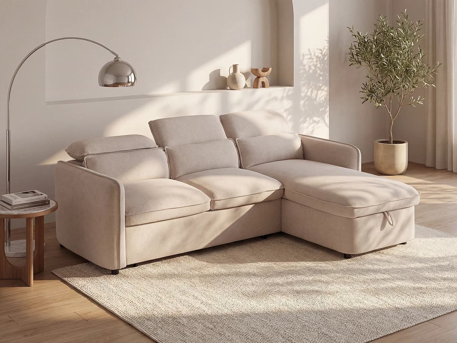 Canapé d'angle convertible et réversible en tissu beige MANUKO