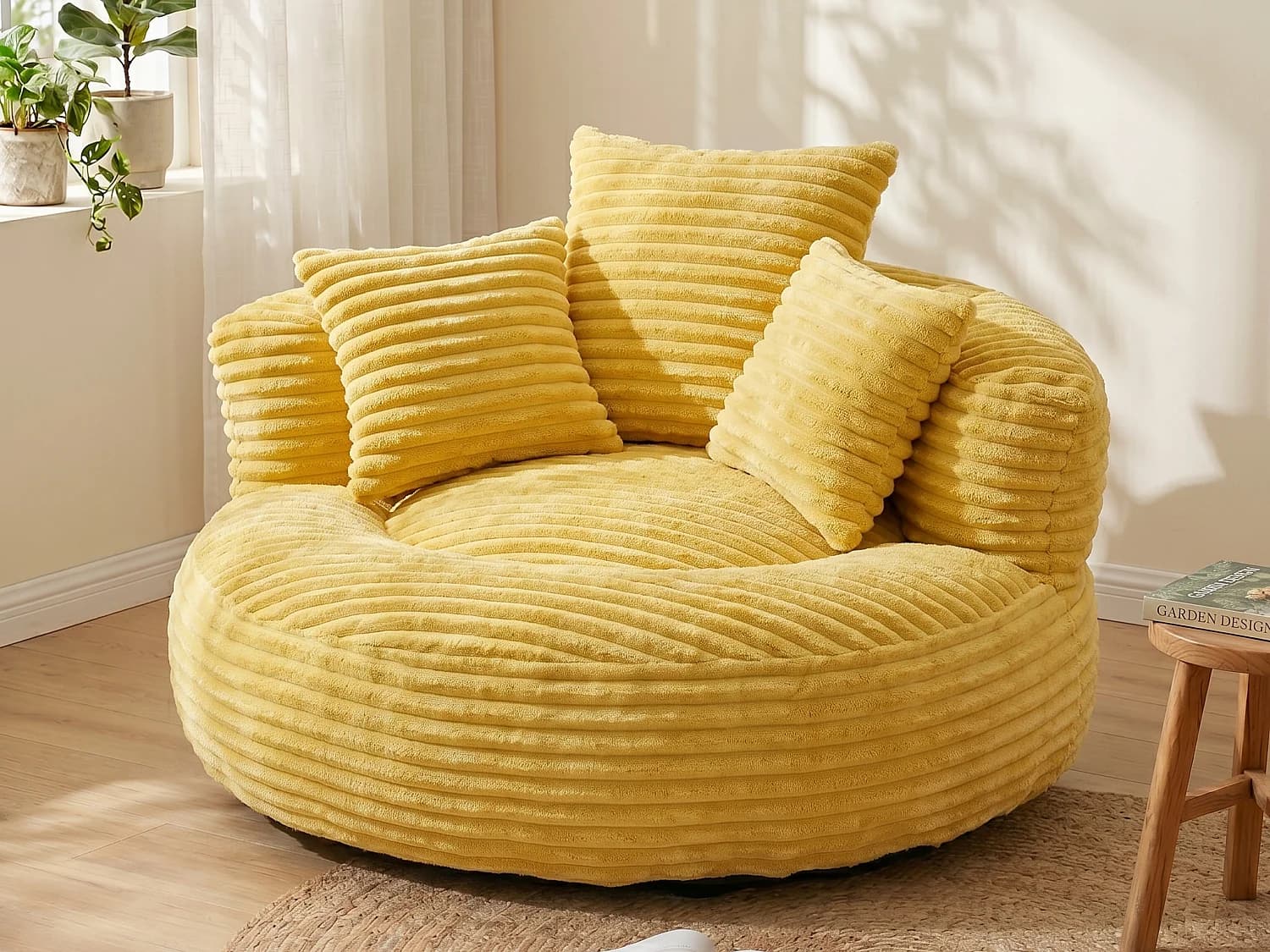 Fauteuil poire en velours côtelé - Pouf Jaune Moutarde – Grand modèle – 3 coussins inclus – Ultra moelleux – Pour adultes et enfants