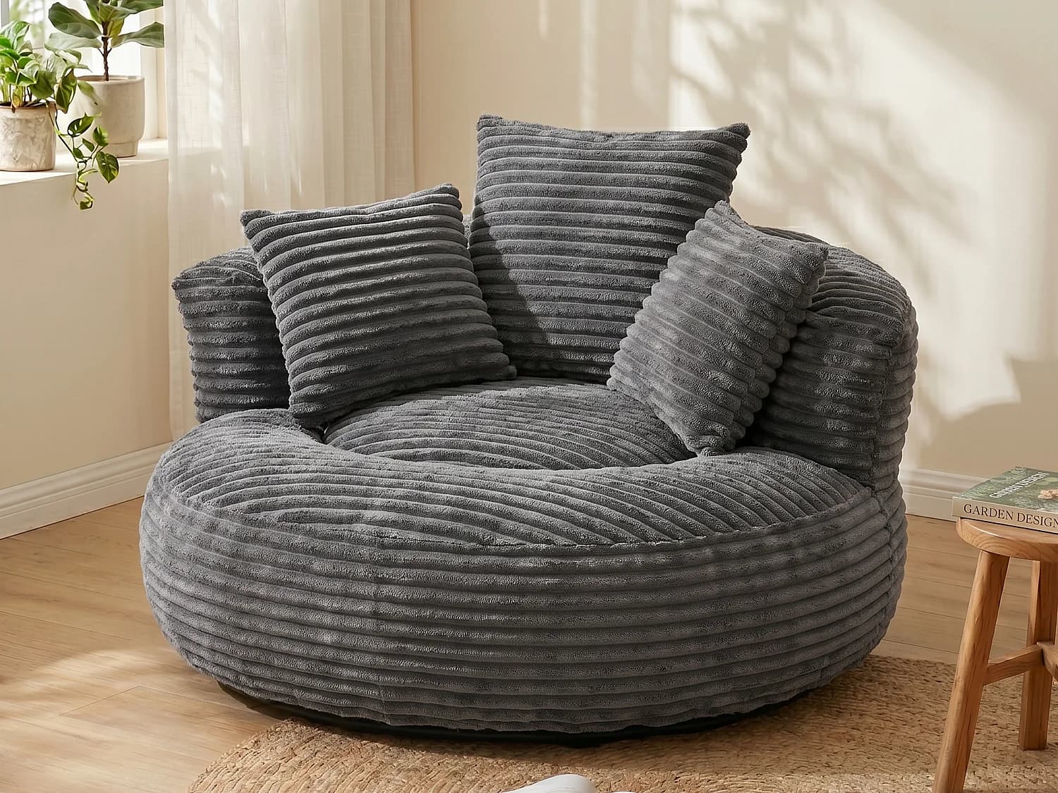 Fauteuil poire en velours côtelé - Pouf gris anthracite – Grand modèle – 3 coussins inclus – Ultra moelleux – Pour adultes et enfants