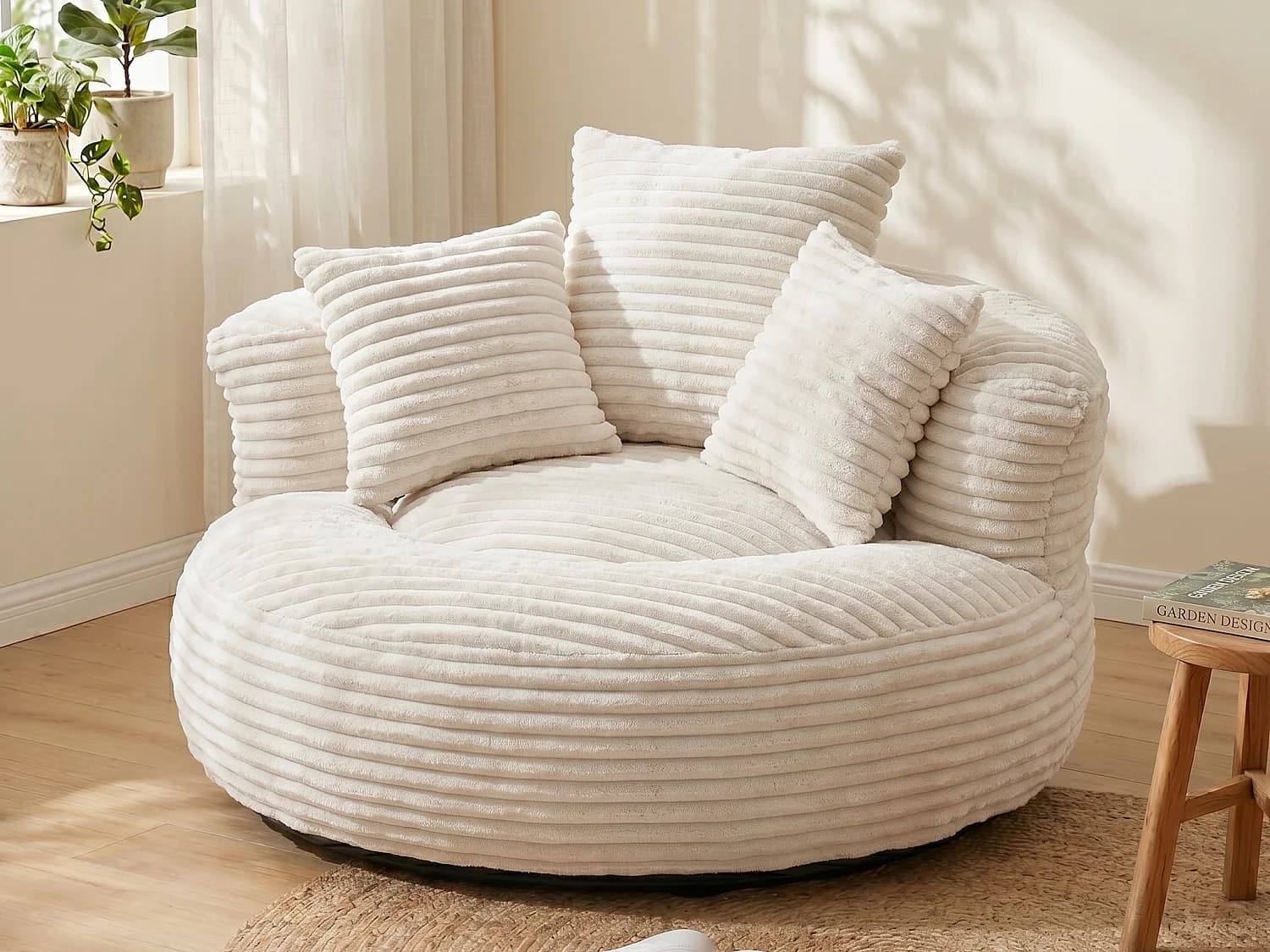 Fauteuil poire en velours côtelé - Pouf Beige – Grand modèle – 3 coussins inclus – Ultra moelleux – Pour adultes et enfants