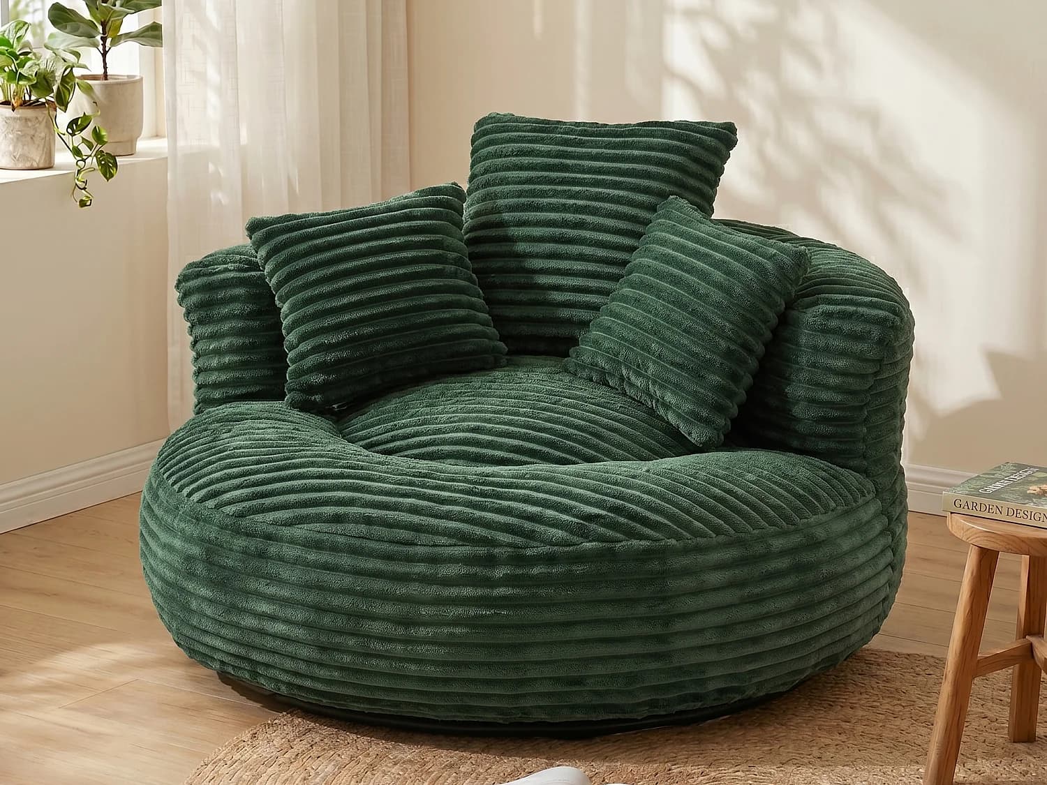 Fauteuil poire en velours côtelé - Pouf Vert – Grand modèle – 3 coussins inclus – Ultra moelleux – Pour adultes et enfants