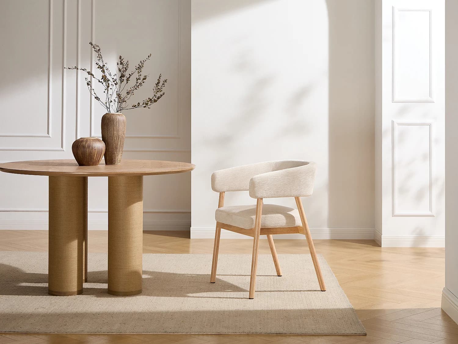 Lot de 2 chaises en tissu et bois d'hévéa - Beige - JORAKA