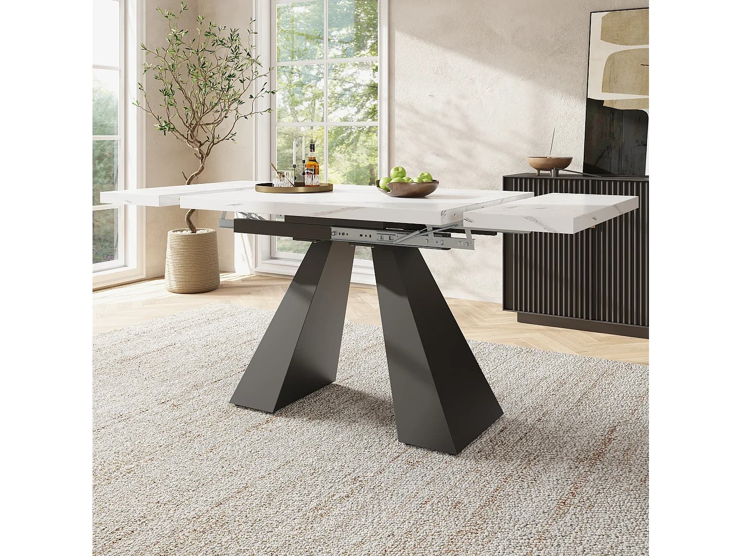Table à manger extensible - 99-159 x 74 x 77 cm - Plateau en effet marbre - MDF et métal - Blanc + noir