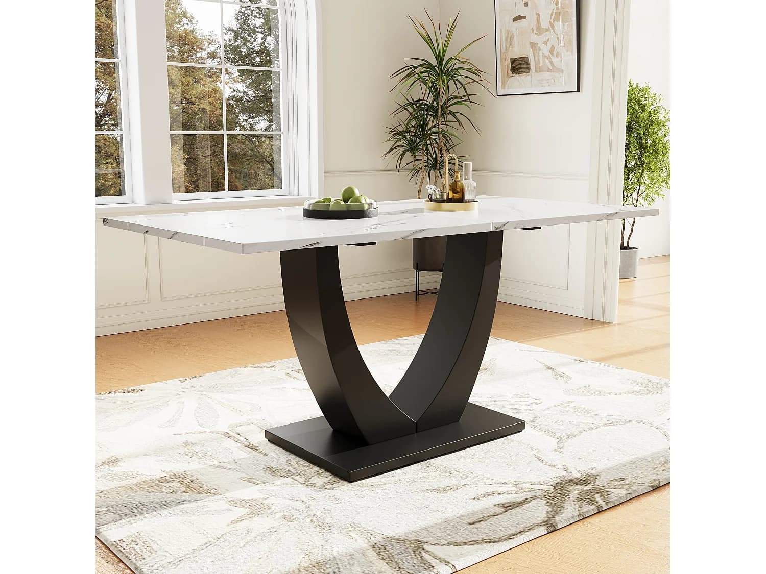 Table à manger 4 à 6 couverts - 140 x 75 x 75.5 cm - MDF + Pieds en métal - Effet marbre - Blanc + noir
