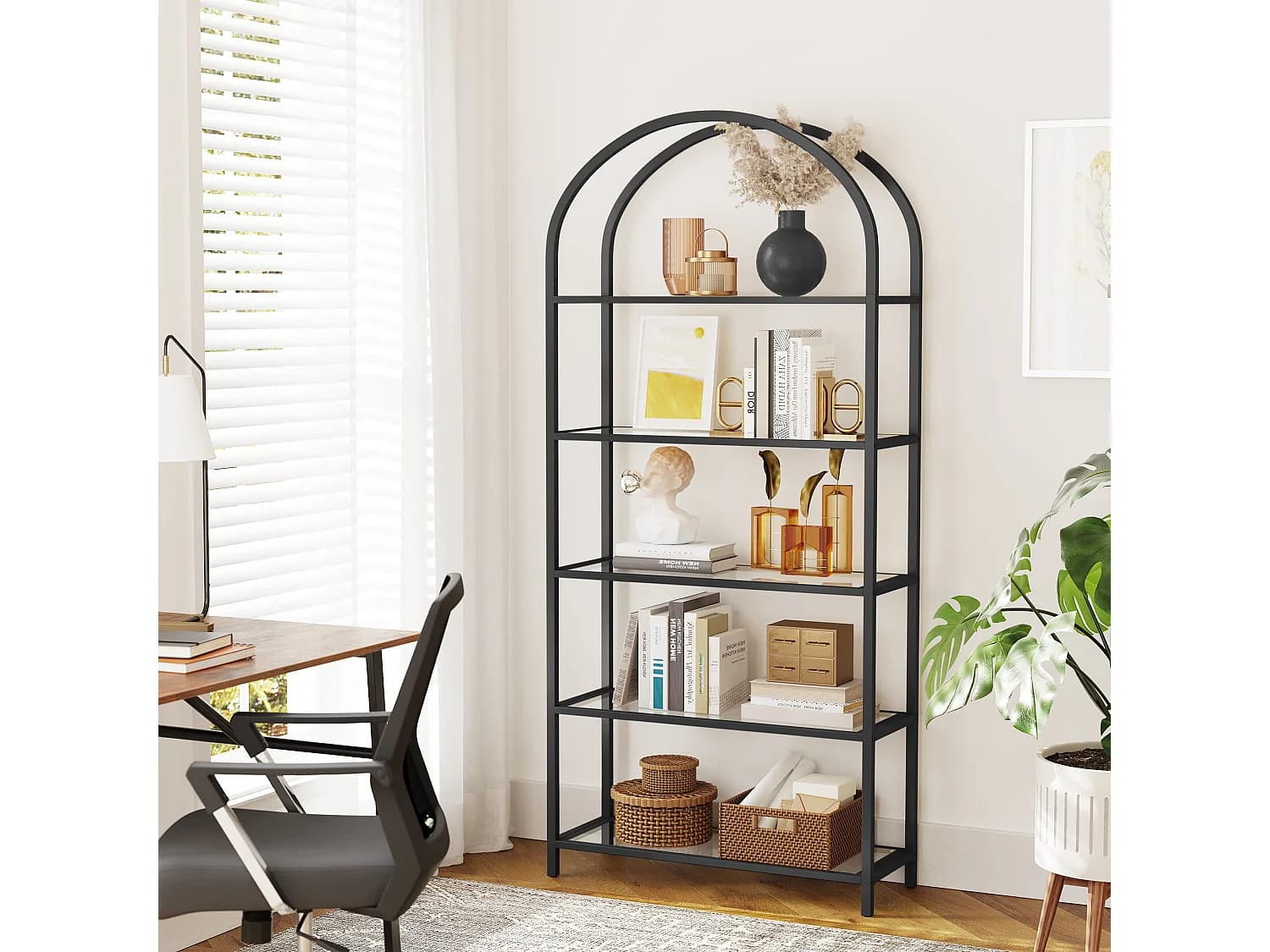 Bibliothèque Valora LGT050B61, étagère en verre noir, style moderne pour salon