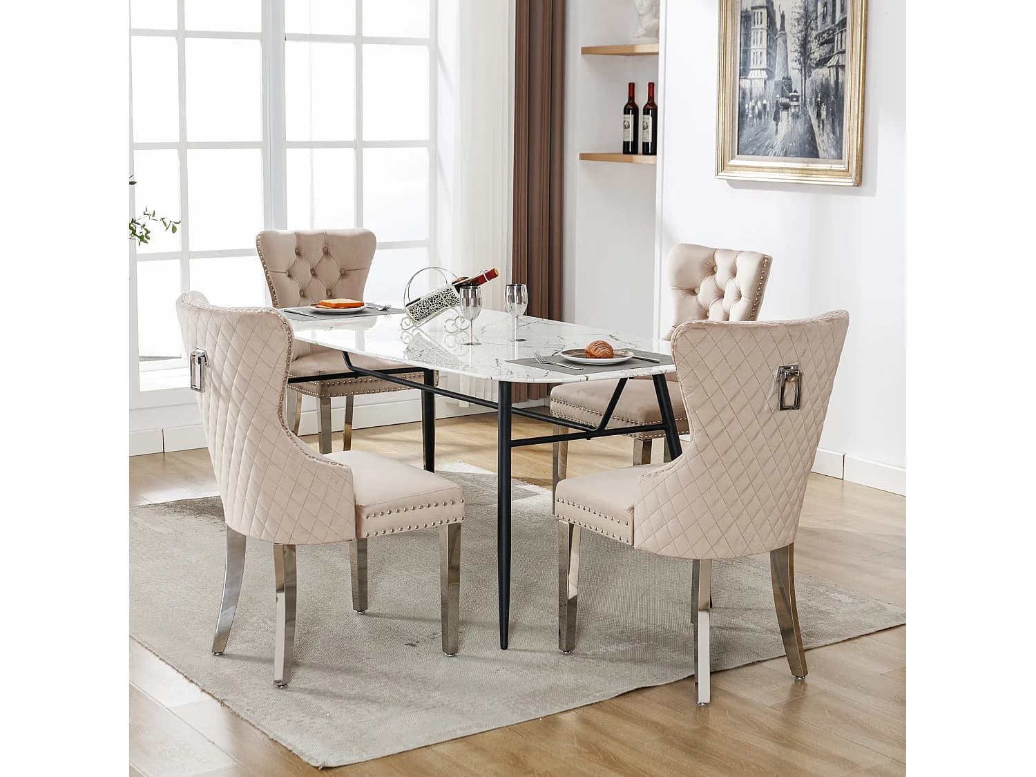 Lot de 4 chaises avec rivets, pieds en métal - Velours beige