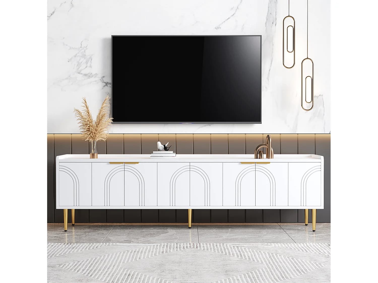 Meuble TV avec 4 portes texturées , pieds doré - Bois -Blanc