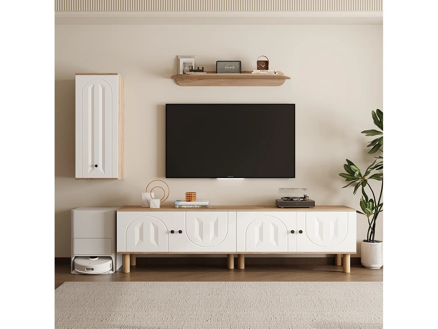 Meuble TV , rangement et étagères murales de salon , avec 5 portes, blanc et naturel