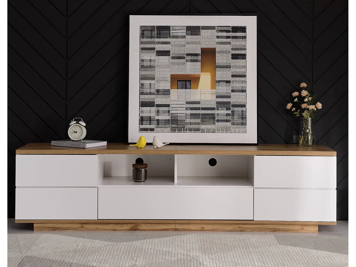 Meuble TV avec 5 portes , finition grain de bois, blanc et naturel