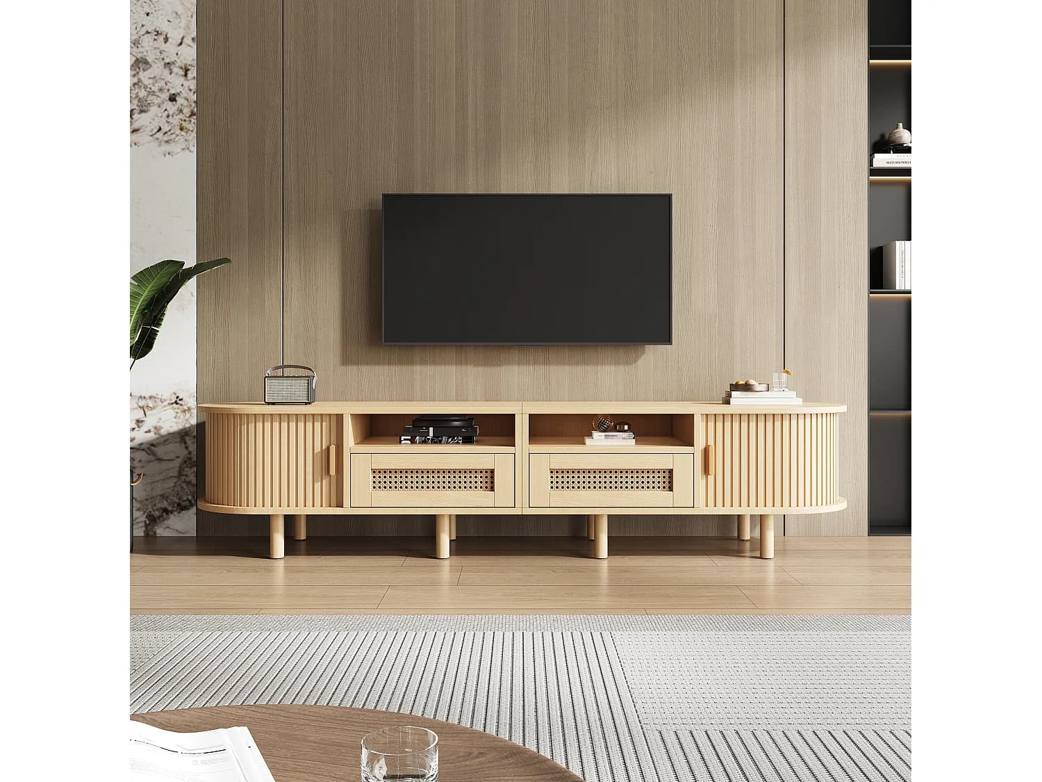 Meuble TV avec 2 tiroirs et 2 portes coulissantes -Ovale bois - Naturel