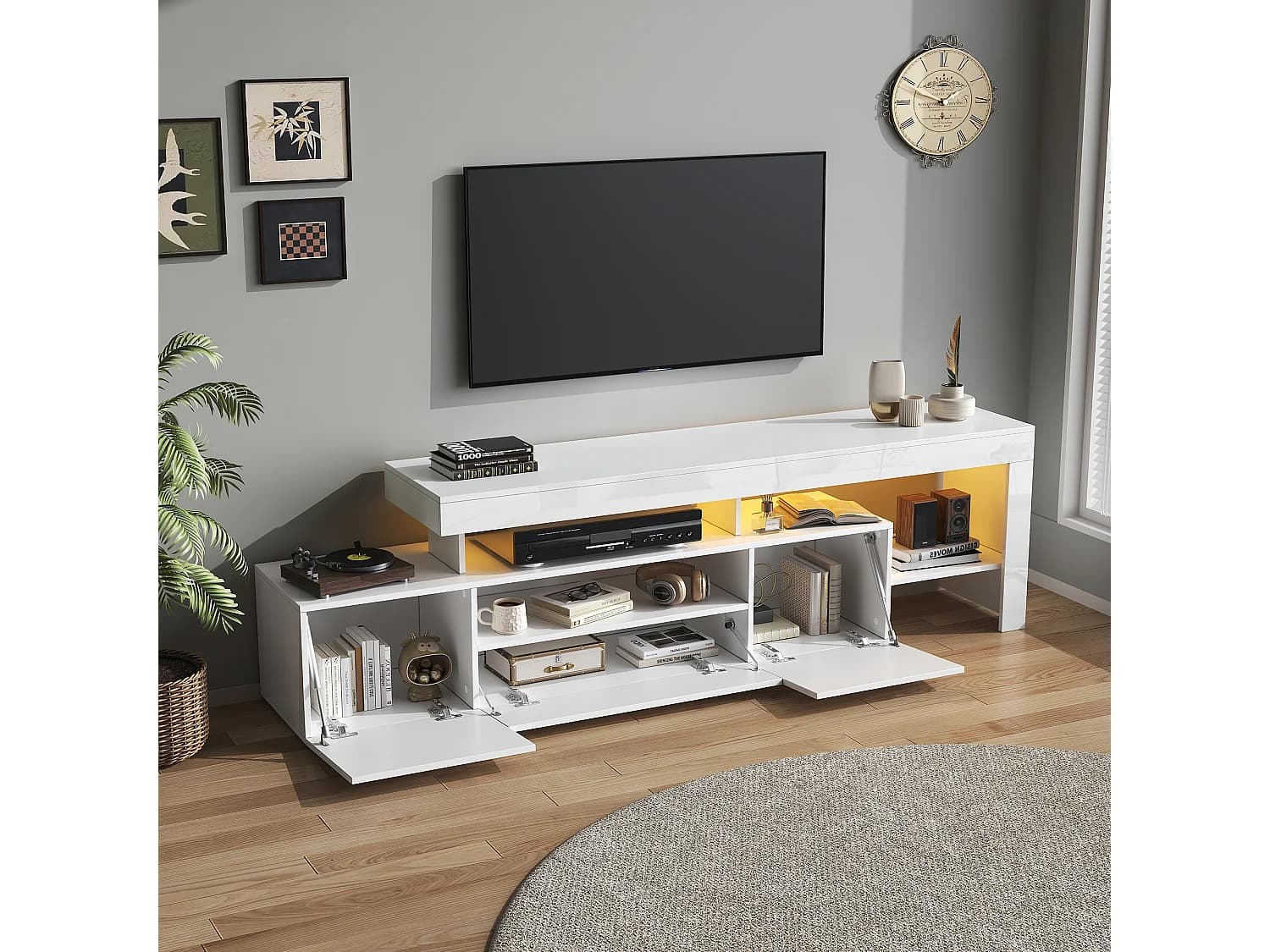 Meuble TV avec LED et 3 portes - finition brillante - Blanc 192 x 37 x 53 cm