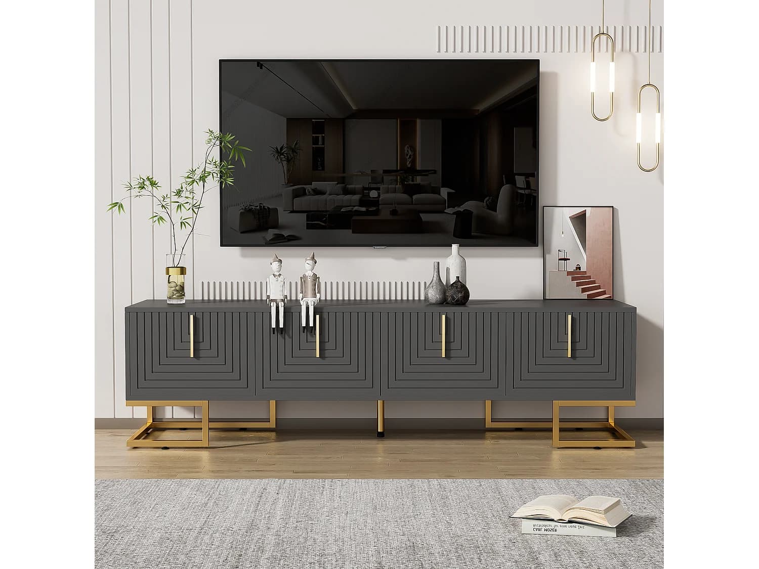 Meuble TV avec 4 portes, pieds dorés - Porte texturée - Gris