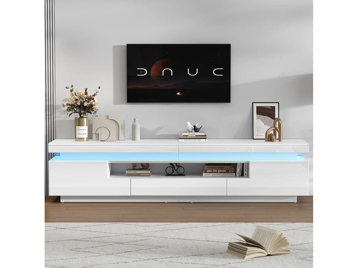 Meuble TV avec LED, 2 portes en forme de L et tiroir - finition brillante - Blanc