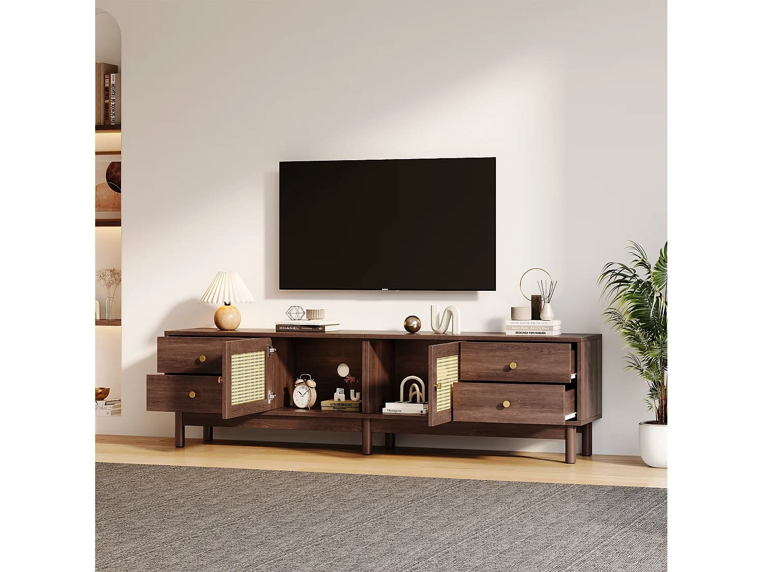 Meuble TV avec 2 portes et 4 tiroirs, gestion des câbles ， marron