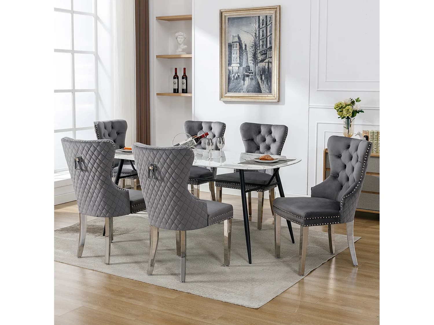 Lot de 6 chaises avec rivets, pieds en métal - Velours gris