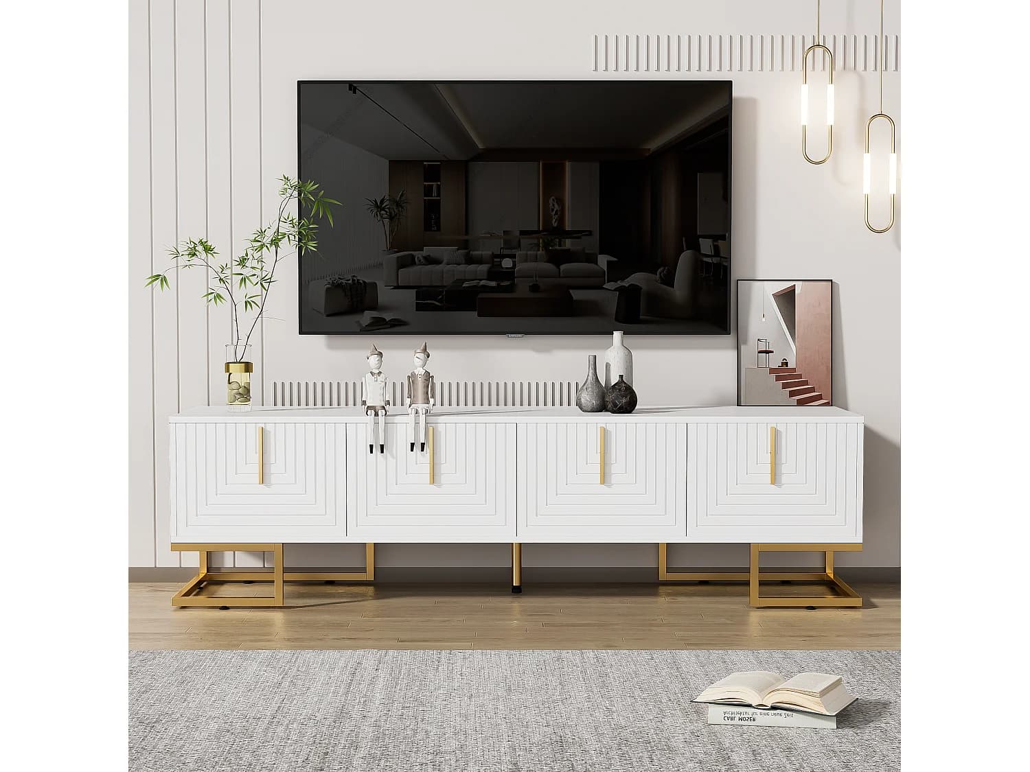 Meuble TV avec 4 portes, pieds dorés - Porte texturée - Blanc