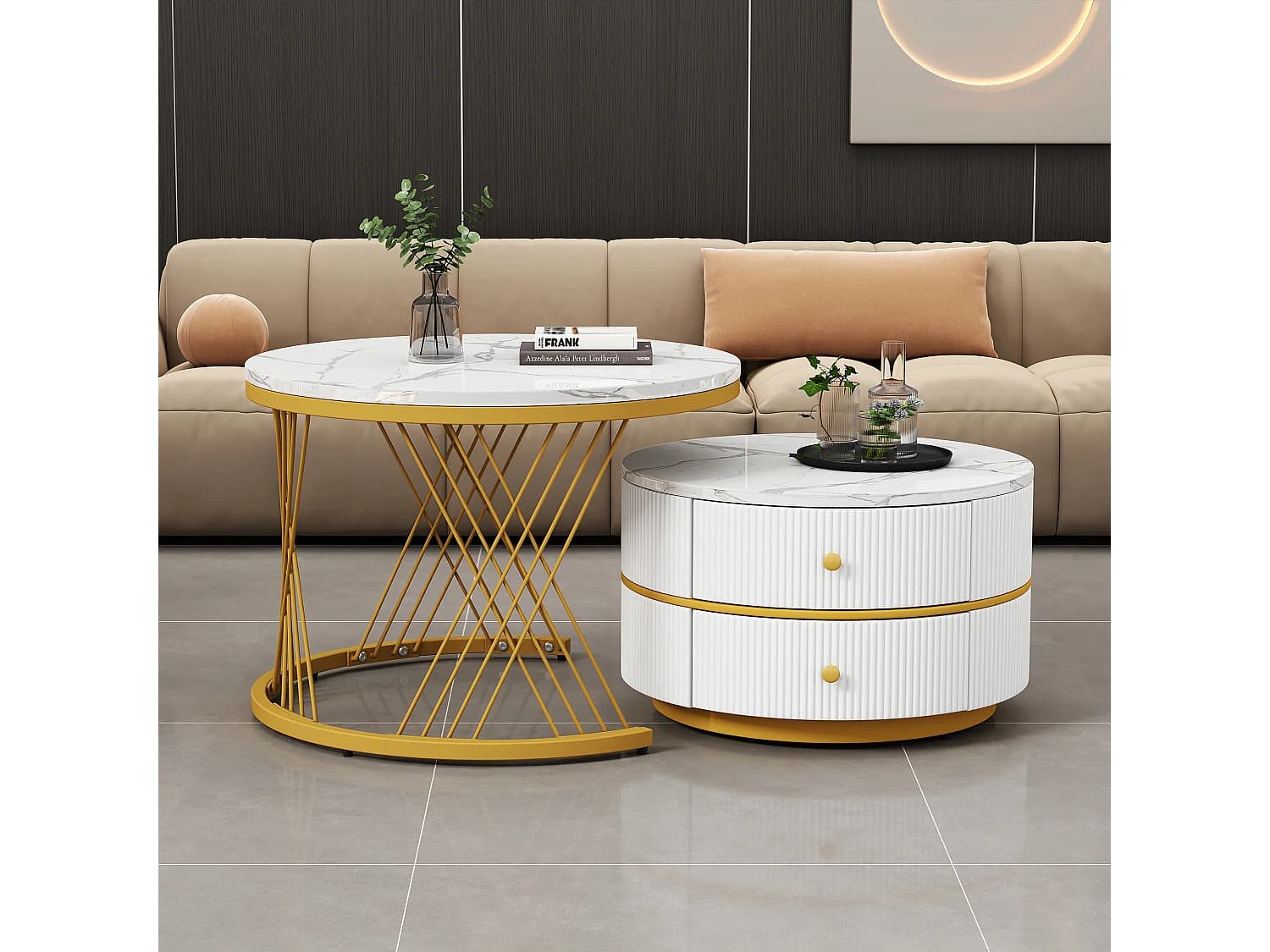 Lot de 2 tables gigognes avec 2 tiroirs , plateau à l'aspect marbré - Blanc et doré