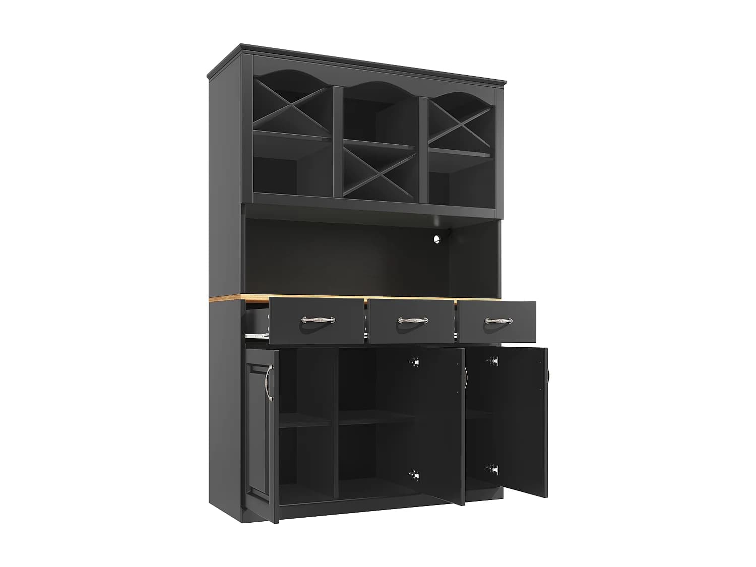 Vaisselier 120x40x180 cm, éclairage LED multicolore, 3 portes, 3 tiroirs, étagères réglables, MDF noir
