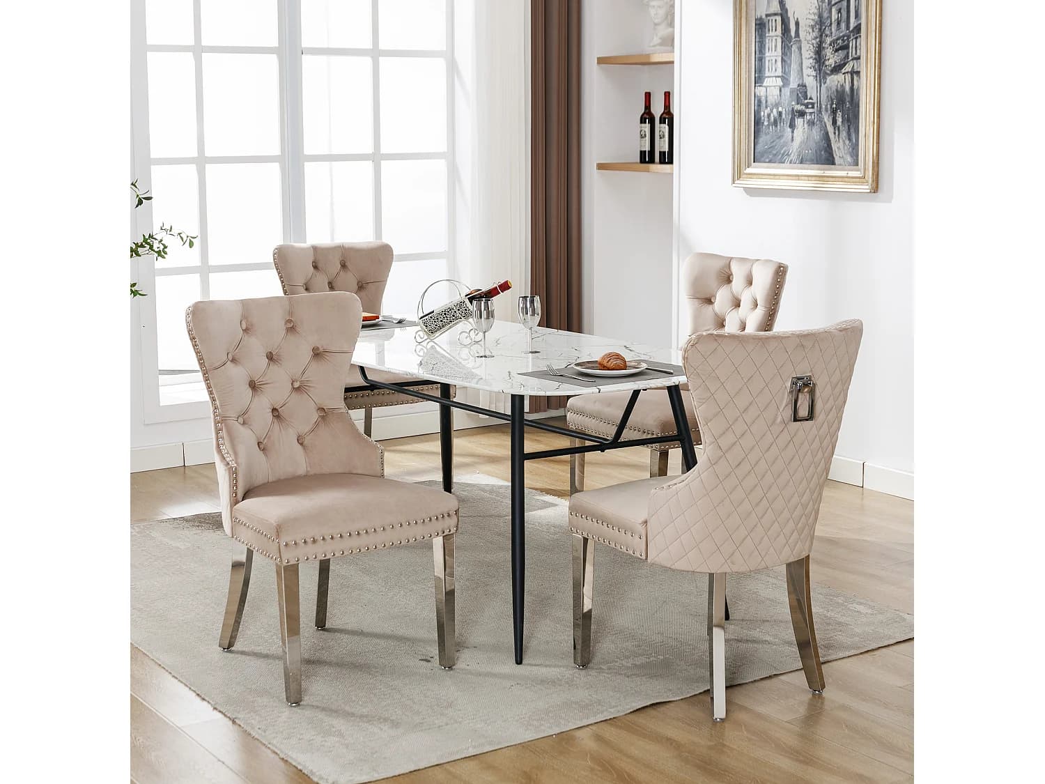 Lot de 4 chaises 53x62.5x94.5 cm avec Rembourrée Fermeture à boutons et ornée de rivets Matière velours en beige pour Salon et salle à manger
