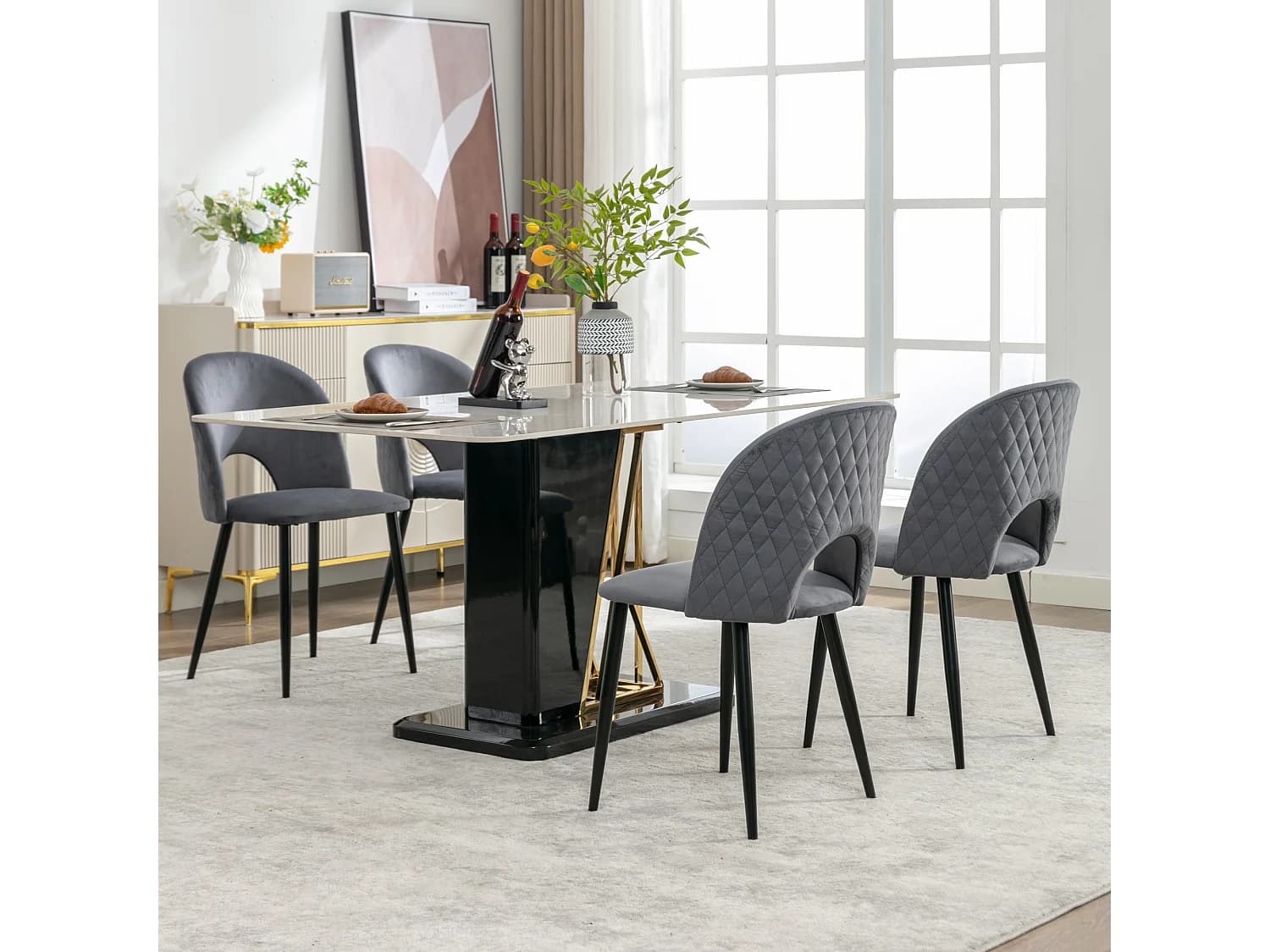 Lot de 4 chaises 47x44x84 cm avec Matière capitonnée Pieds de chaise réglables en gris pour Salon et salle à manger
