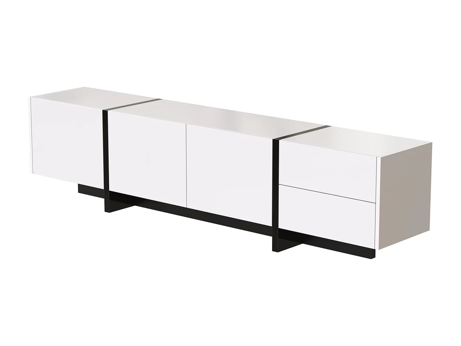Meuble TV 190x35x45 cm, finition brillante, 3 portes avec étagères intérieures, 2 tiroirs, panneaux de particules, blanc et noir
