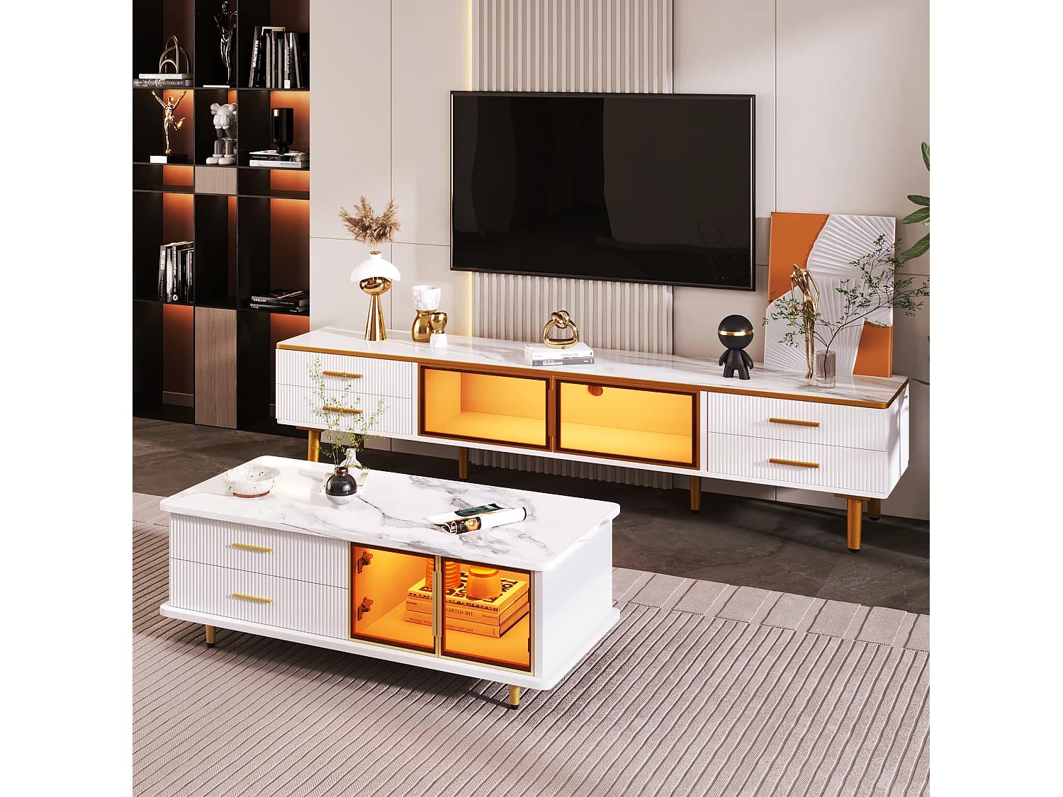 Ensemble meuble TV et table basse 170x37x47.5 cm, LED multicolore, grand rangement, panneau de particules blanc