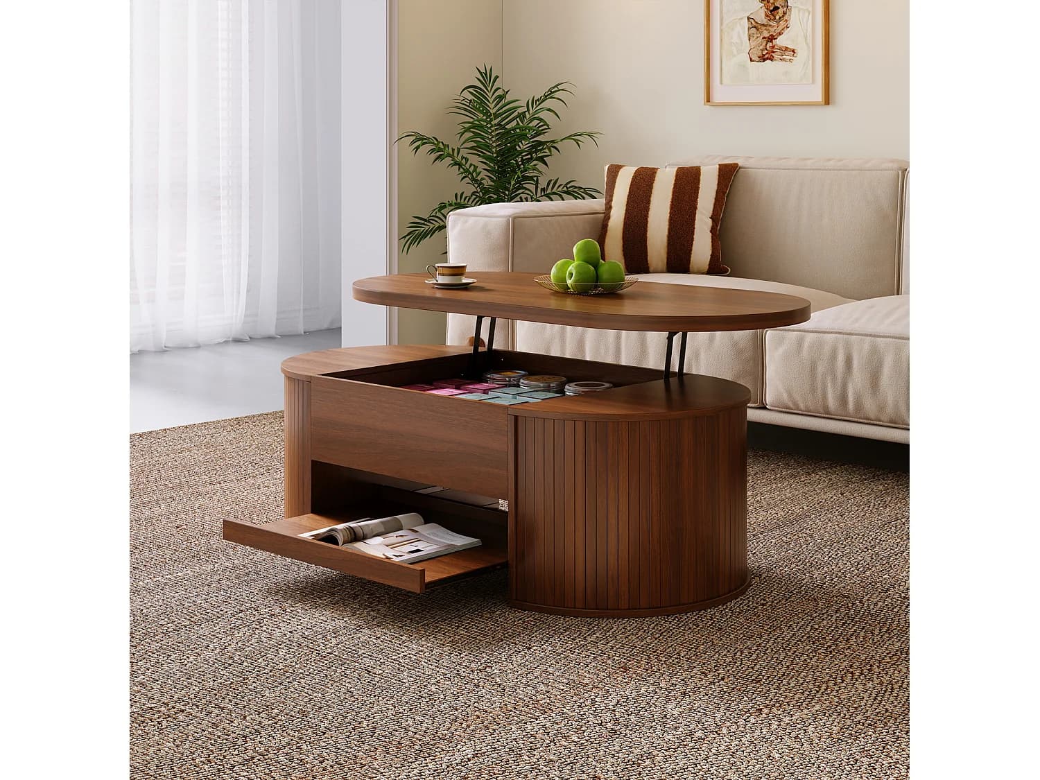 Table basse de salon avec plateau réglable en hauteur et espace de rangement caché, noyer