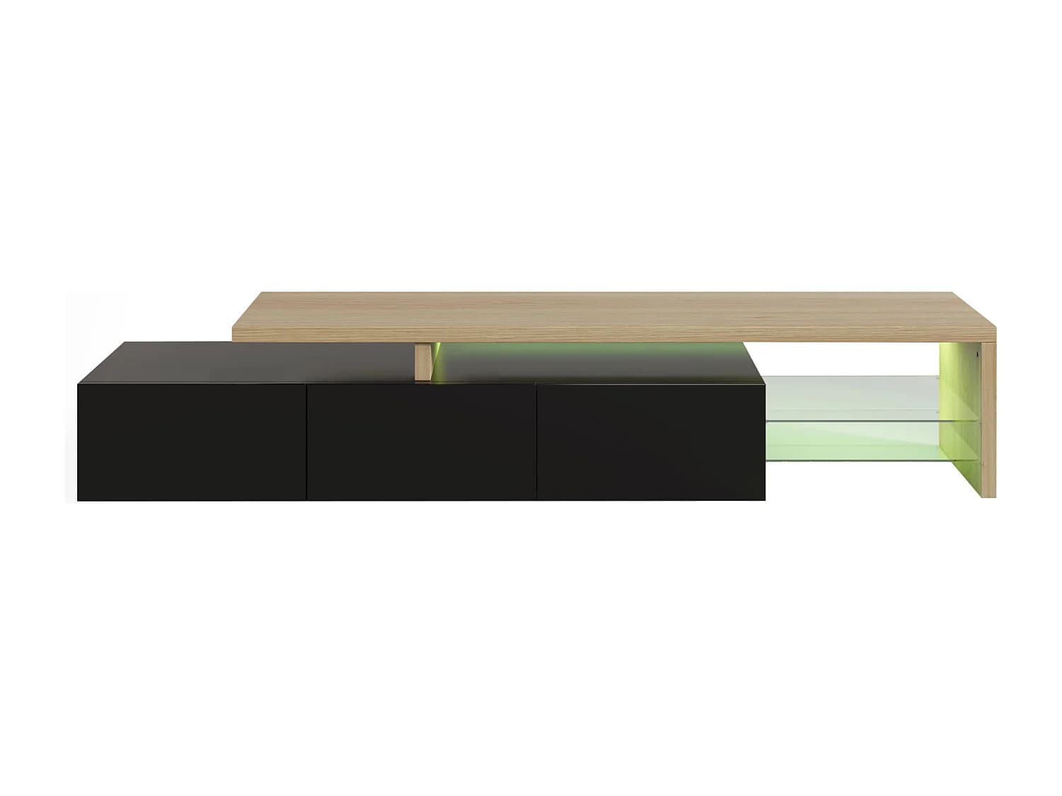 Meuble TV 200 cm avec LED, 3 Portes et Étagères en Verre, Moderne Meuble Banc Tele Bas, Bois & Noir