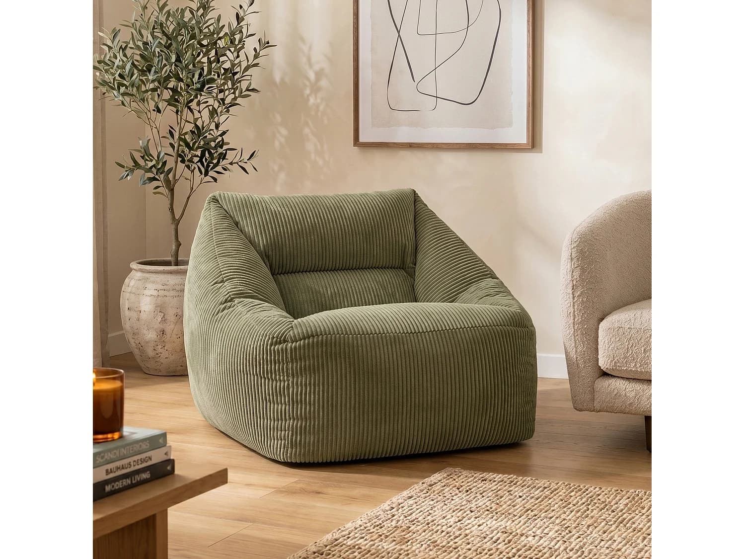 Pouf fauteuil salon ou chambre velours côtelé vert sauge - NATALIA