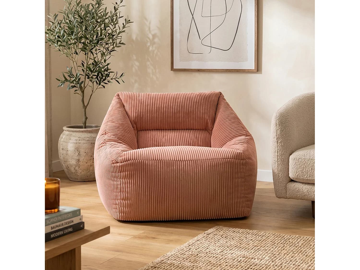 Pouf fauteuil salon ou chambre velours côtelé rose aube - NATALIA