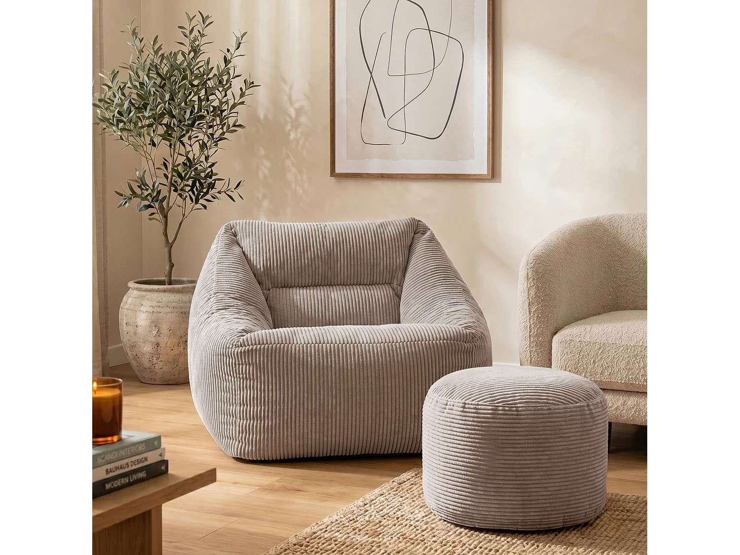 Pouf fauteuil avec repose-pied rond velours côtelé gris clair, salon ou chambre - NATALIA