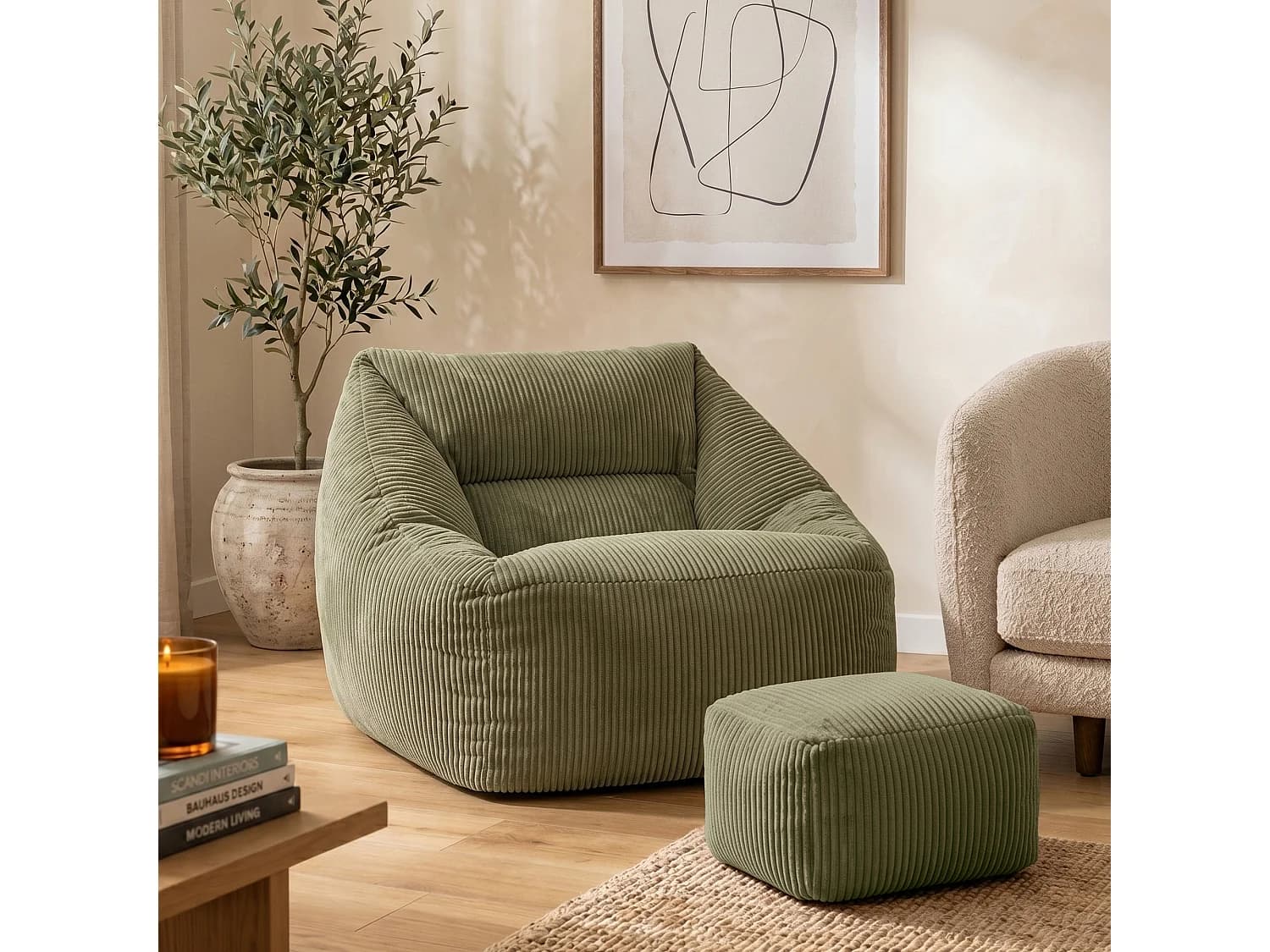Pouf fauteuil et son repose-pieds carré velours côtelé vert sauge, salon ou chambre - NATALIA