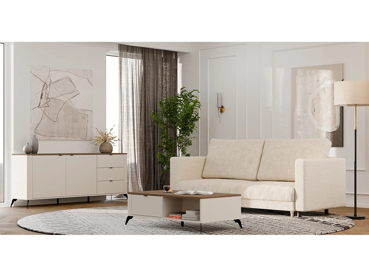 Table basse Cordoba beige 110x63 cm avec 2 tiroirs à fermeture douce et plateau chêne Castello