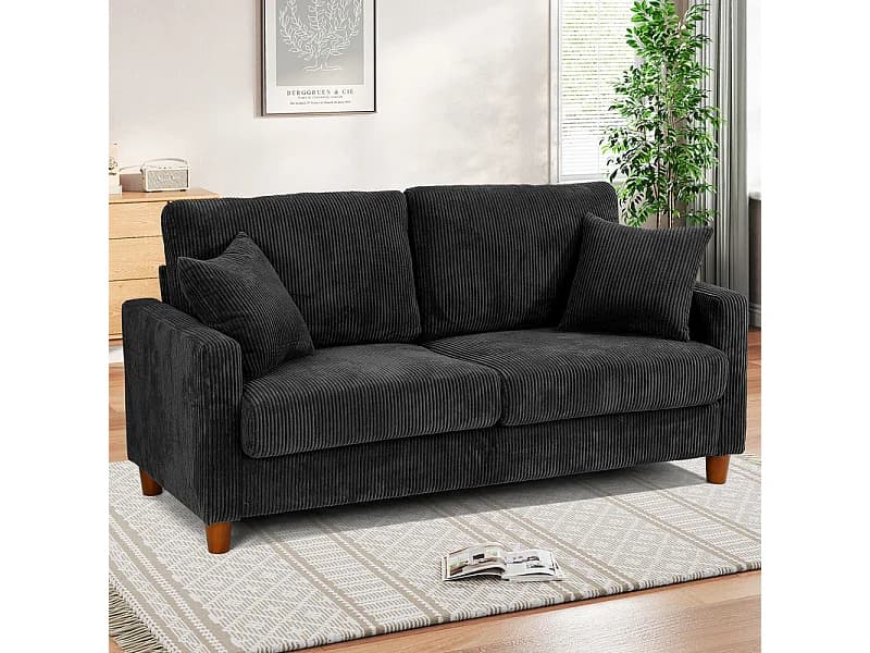 Canapé en Velours Côtelé 2 Places, avec 2 Coussins, sièges profonds de 56cm, 178x76x89cm, Noir