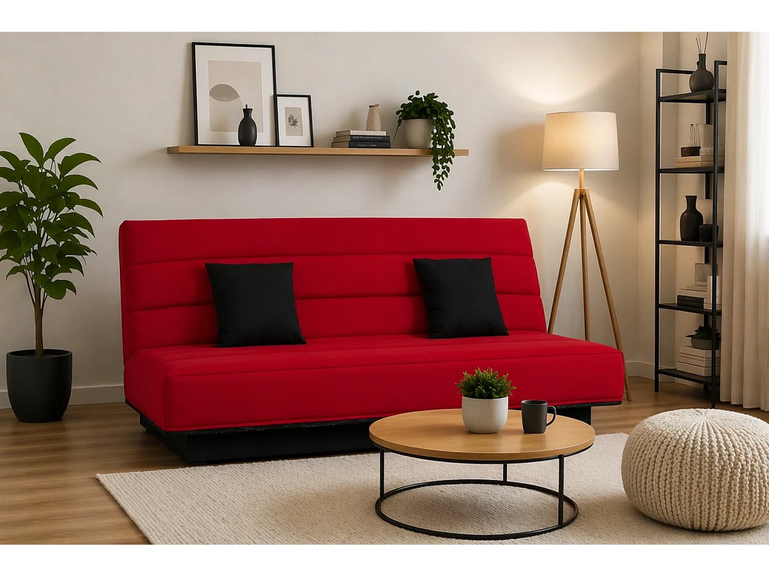 Banquette Clic-Clac MELISSA 3 places 120x190 cm, tissu rouge, convertible BZ avec rangement