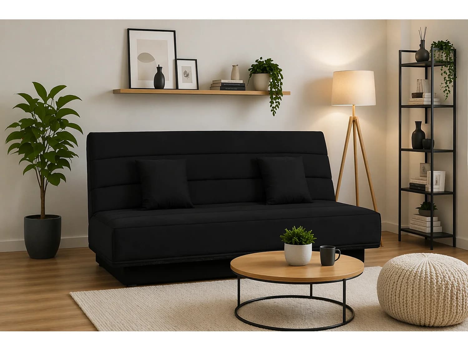 Banquette Clic-Clac 3 places MELISSA 120x190 cm Tissu noir convertible BZ avec matelas mousse 13 cm