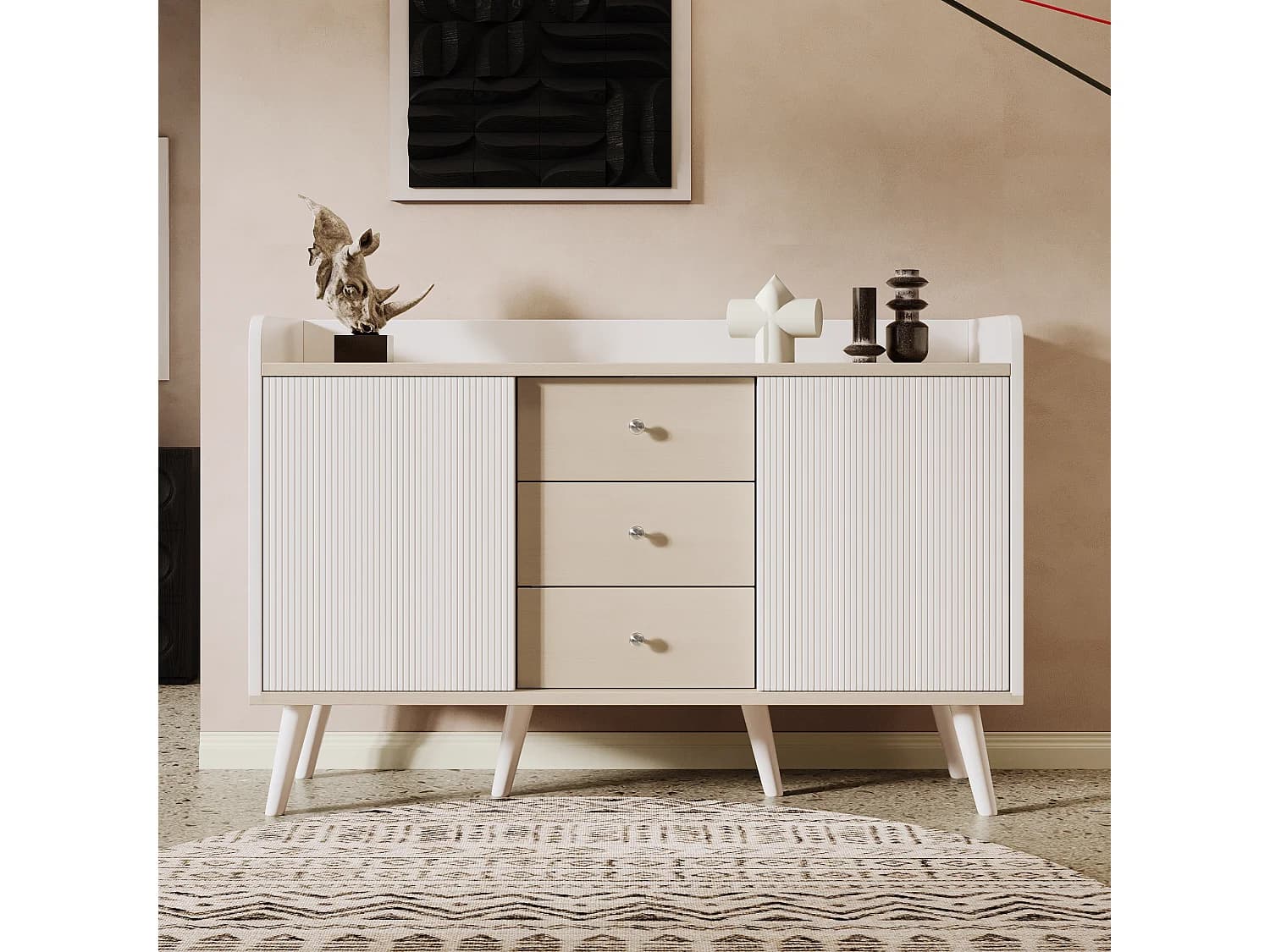 Buffet veinage raffiné pour chambre et salon - 117.5 x 40 x 80 cm - avec 3 tiroirs + 2 portes- aggloméré - blanc