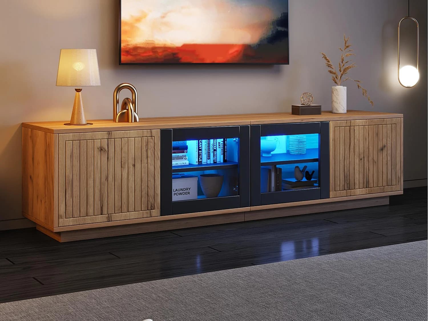 Meuble TV 180x40x45 cm - avec éclairage LED - 4 portes - Panneau en verre - Panneaux de particules - Naturel + noir