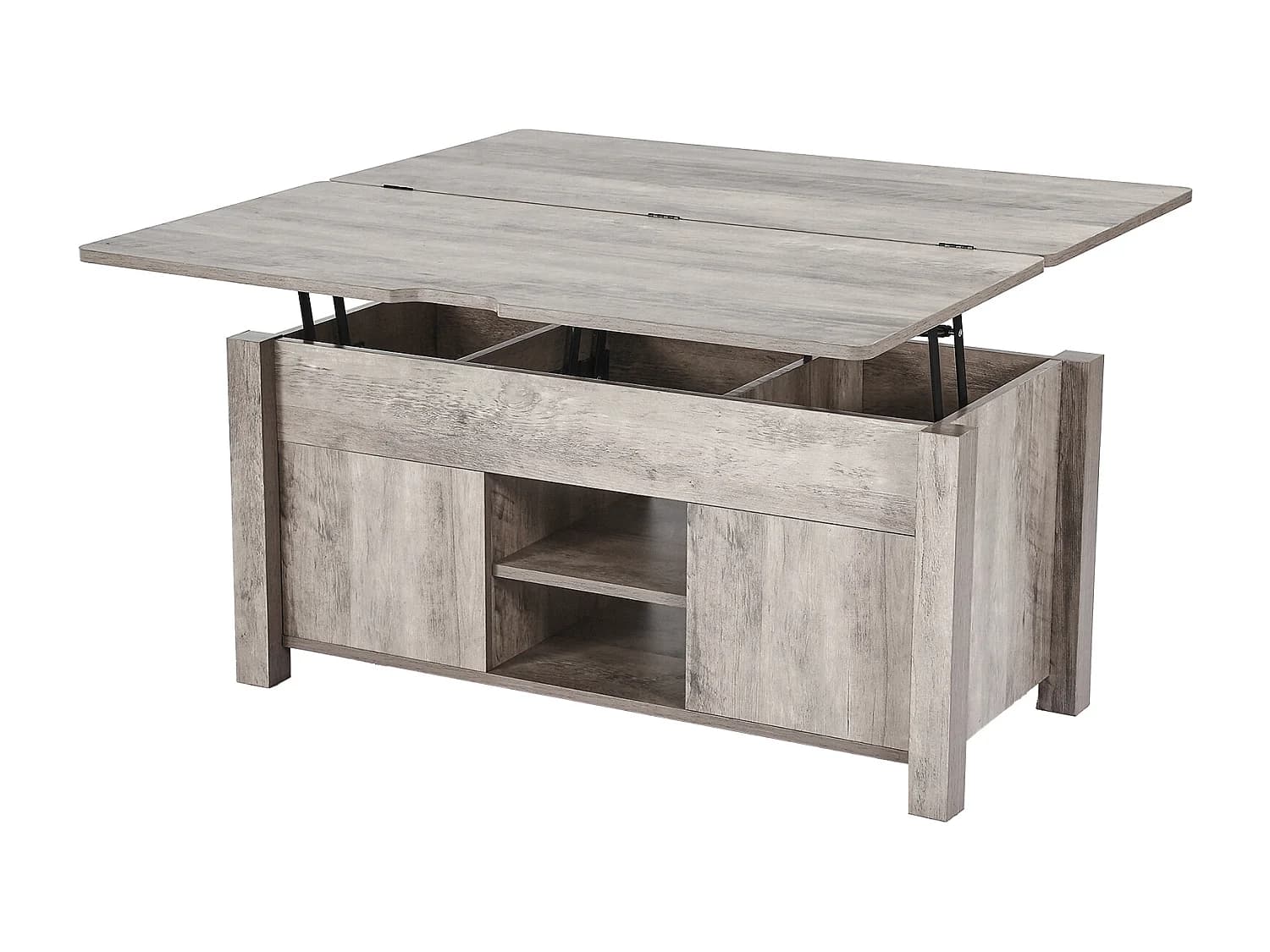 Table Basse SucceBuy à Plateau Relevable Rectangulaire, 100 x 50 x 48.5 cm, Table de Salon avec Porte de Grange et Compartiment de Rangement Dissimulé