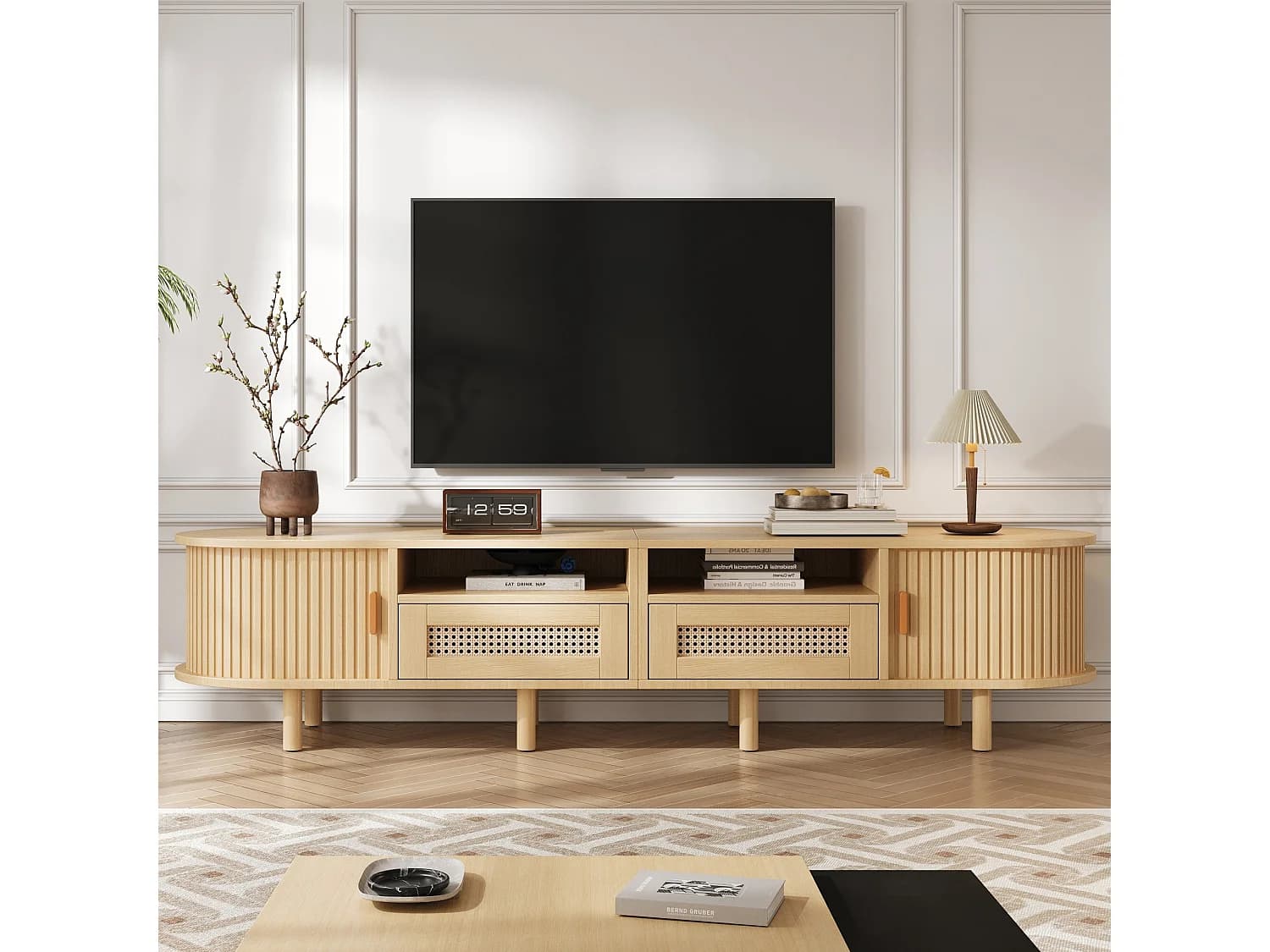 Meuble TV ovale, meuble TV de 170 cm avec 2 tiroirs en rotin et 2 portes coulissantes - coloris naturel
