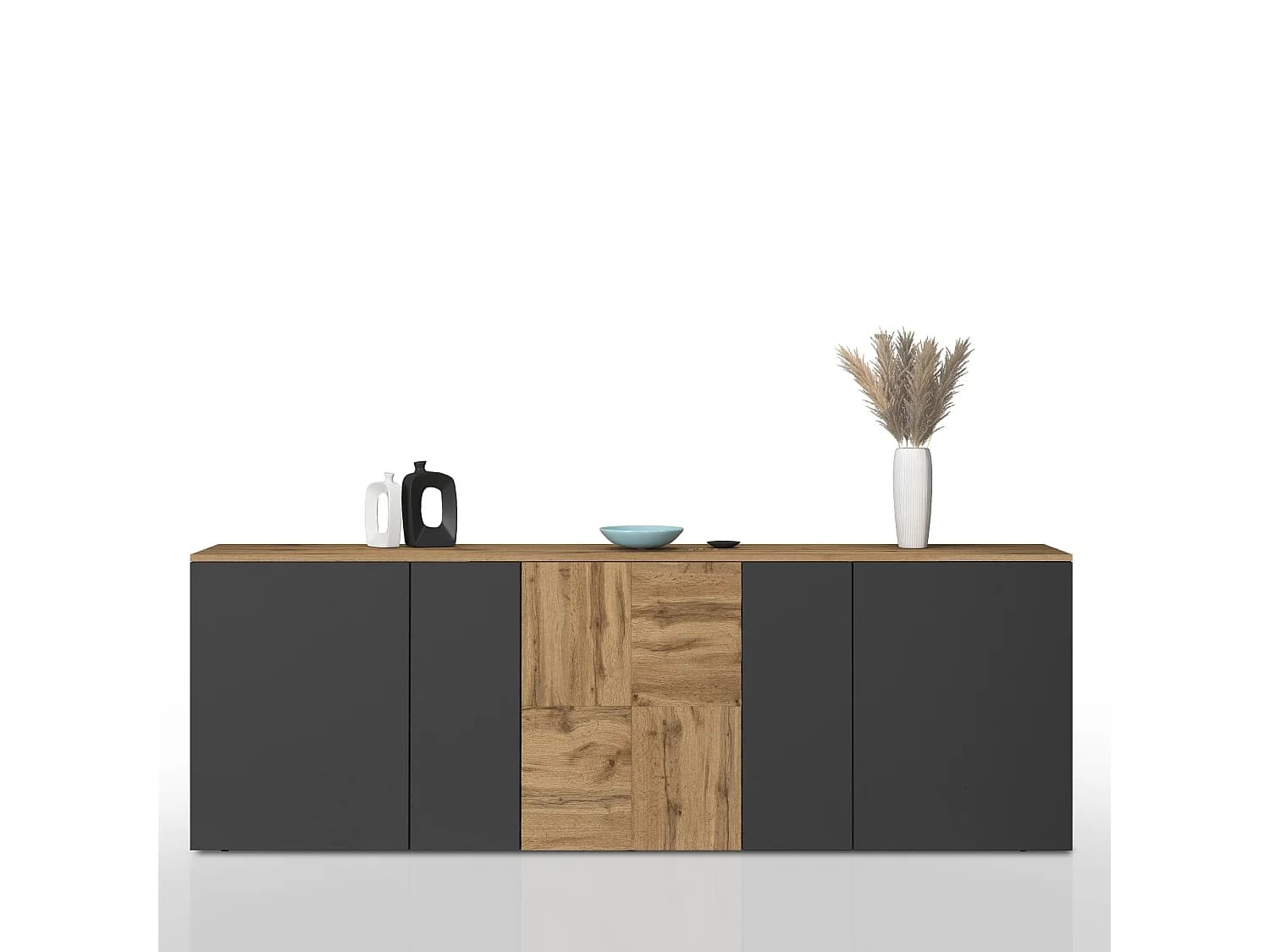 Buffet suspendu Iseo avec 5 portes et 6 compartiments intérieurs anthracite mat et chêne 200x35x70 cm