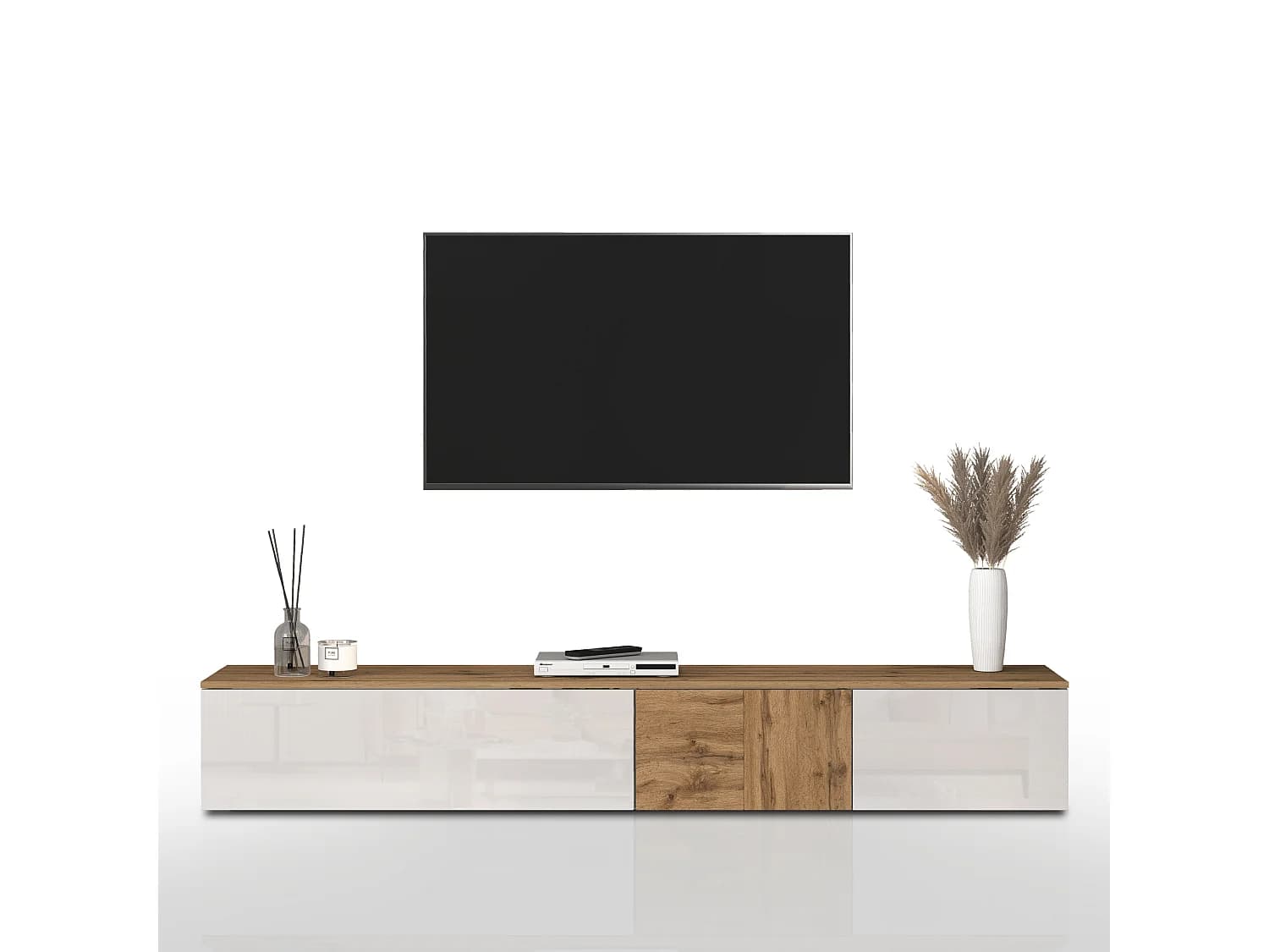 Meuble TV suspendu Iseo avec 2 portes et 1 abattant blanc brillant et chêne 200x35x30 cm