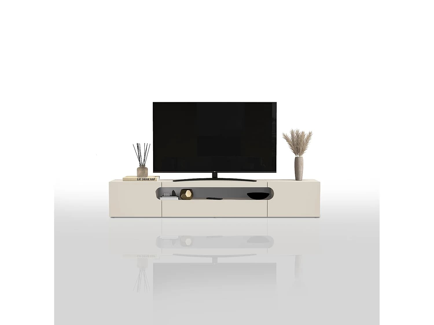 Meuble TV Real avec 2 portes latérales, 1 abattant et 1 compartiment ouvert, couleur cachemire, 240x40x40 cm