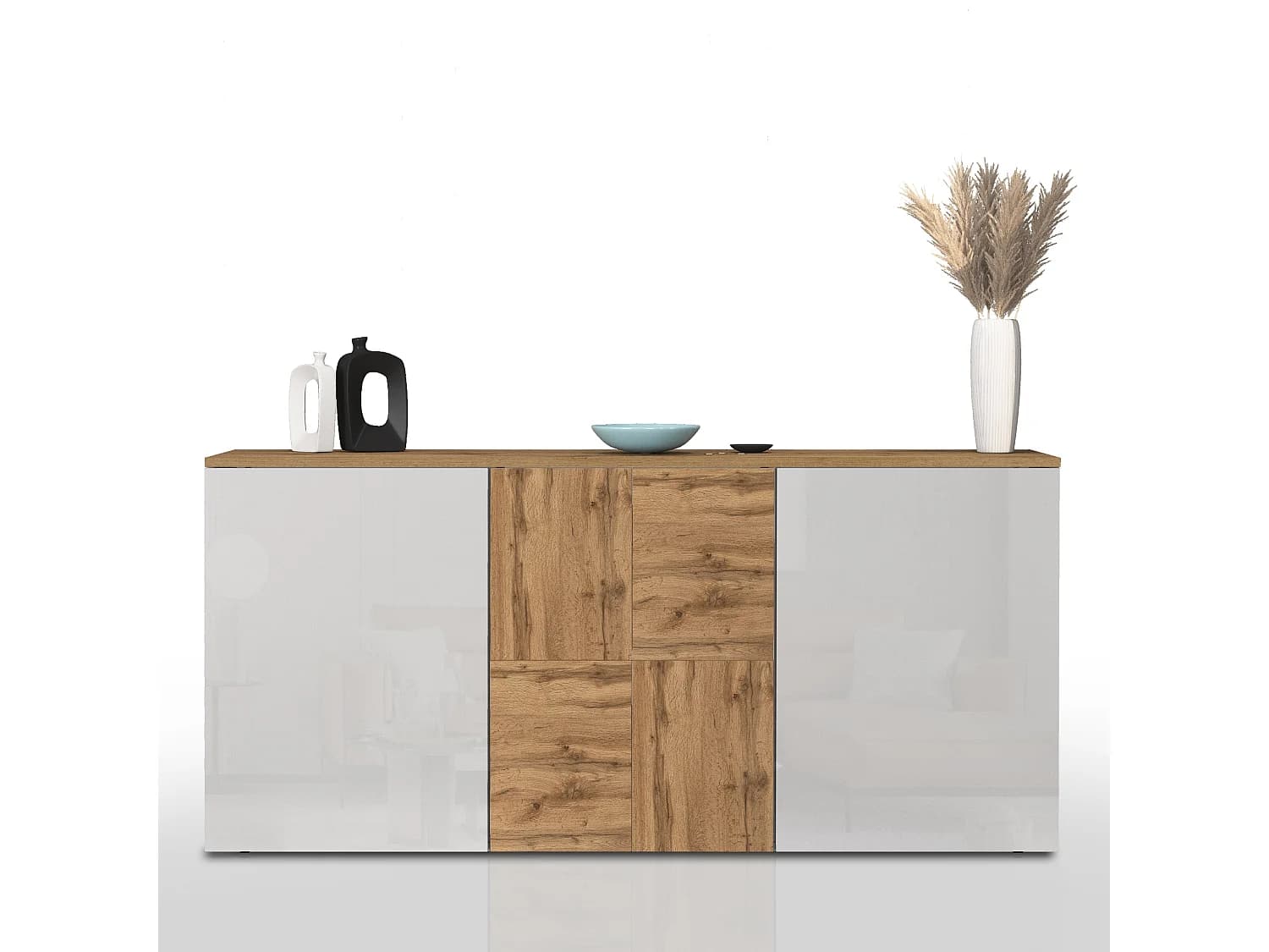 Buffet suspendu Iseo avec 3 portes et 6 compartiments internes blanc brillant et chêne 150x35x70 cm