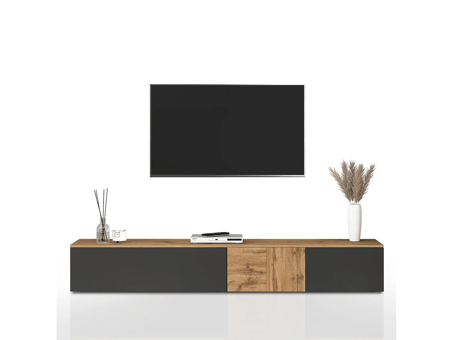 Meuble TV suspendu Iseo avec 2 portes et 1 abattant anthracite mat et chêne 200x35x30 cm