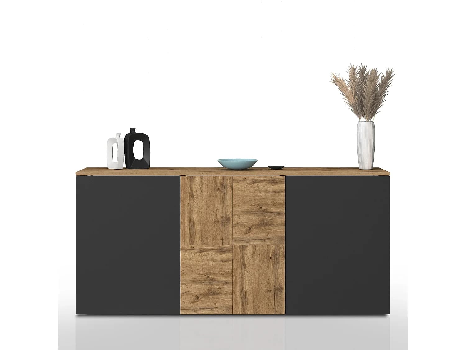 Buffet suspendu Iseo avec 3 portes et 6 compartiments internes anthracite mat et chêne 150x35x70 cm