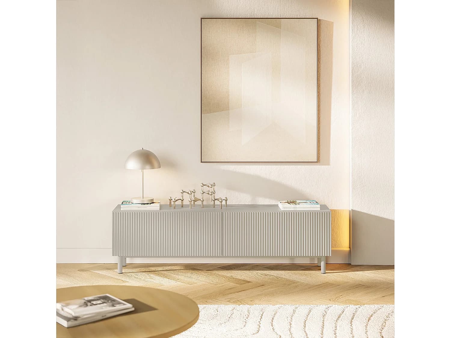 Meuble TV avec façade à rainures – 140 cm – greige – Veldio New
