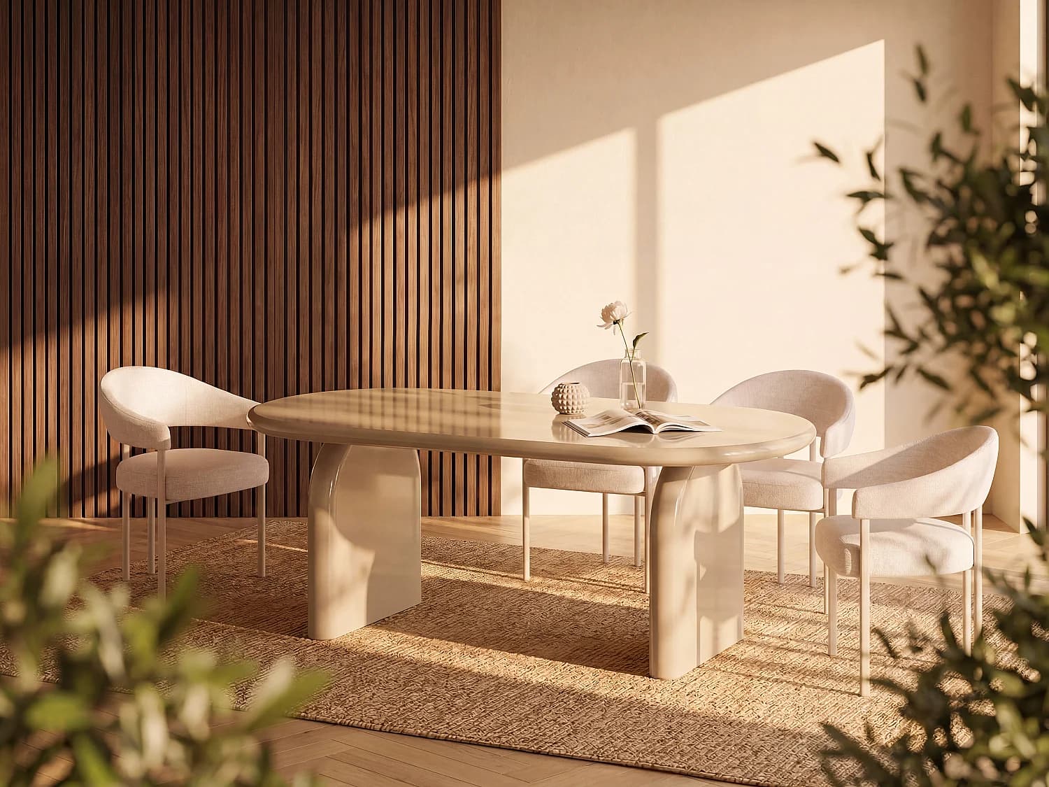 Table à manger 8 personnes en MDF - Beige brillant - FELYRIA