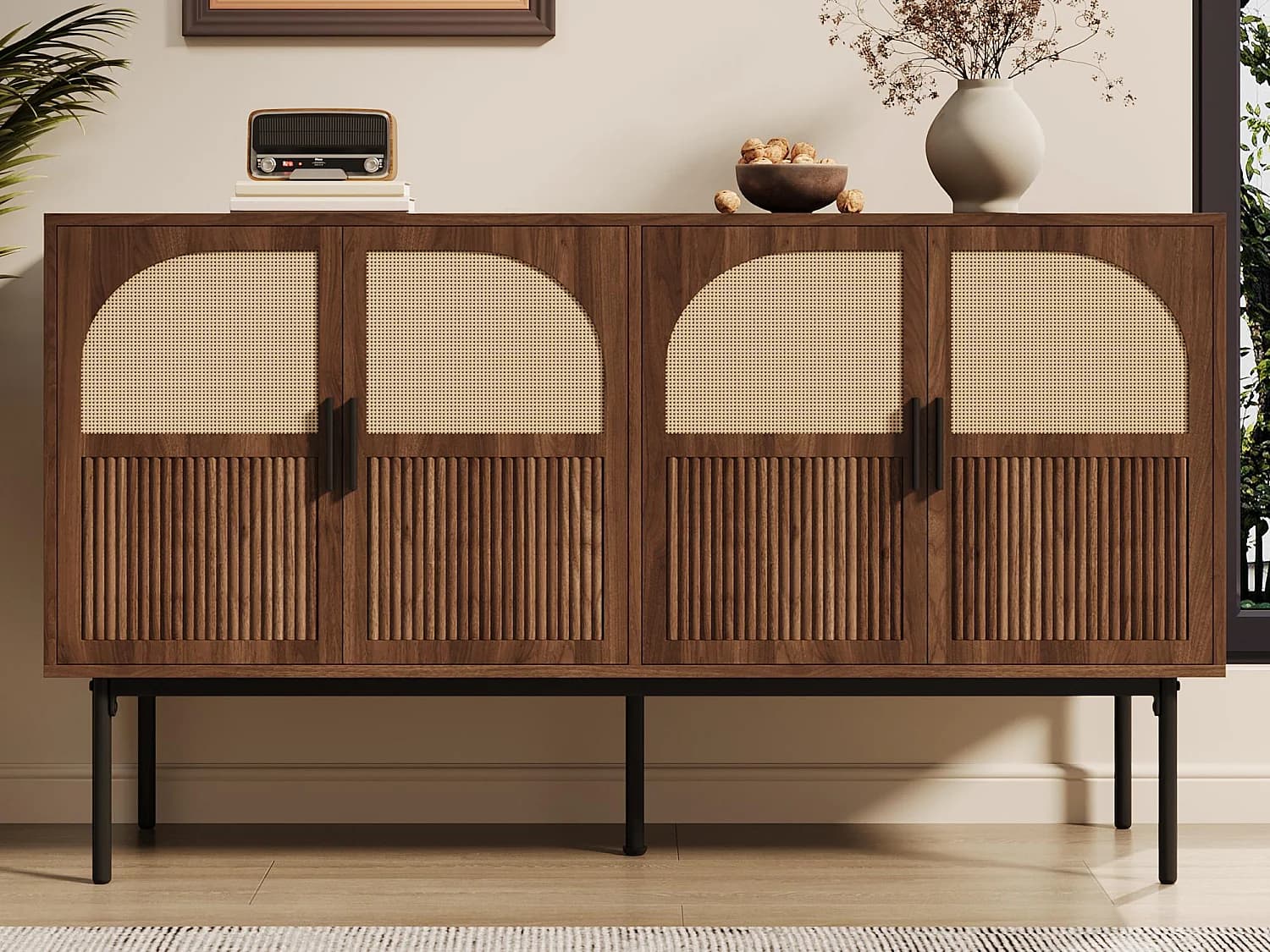 Buffet moderne 140x40x80 cm - avec 4 portes - Finition rotin - Placage noyer - Marron